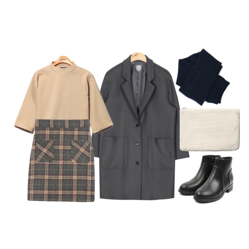 Reine Waffle Half Neck Crop Tee,AIN cutting detail wool coat (3 colors),daily monday Wool check skirt등을 매치한 코디
