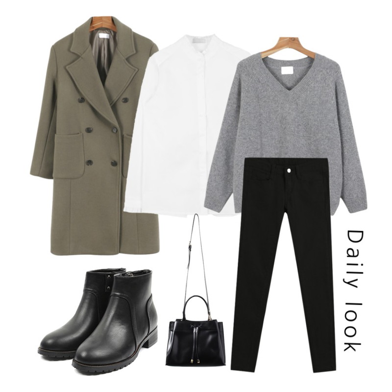 daily monday Natural angora v-neck knit,MIXXMIX 심플 프릴 셔츠,daily monday Big pocket doublet coat등을 매치한 코디