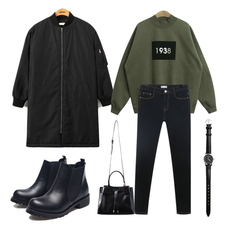 daily monday Stitch warm skinny pants12/8 입고예정,Reine 리티드 붐 패딩 점퍼,TODAY ME [mtm]1938 맨투맨등을 매치한 코디