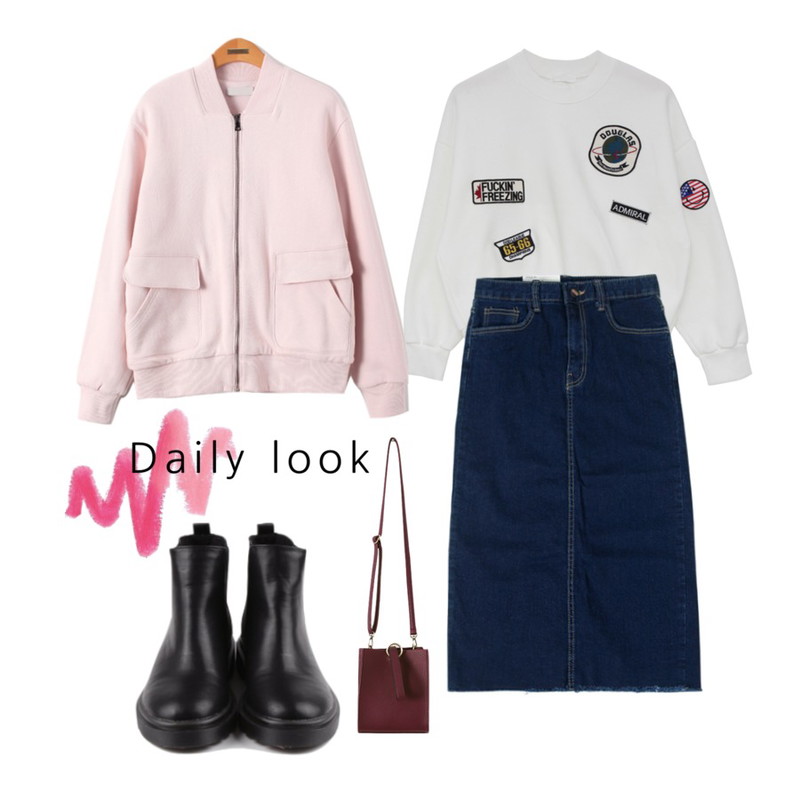 ww,WEAR YOU fit denim long sk,MIND ME 패치 포인트 mtm (2color)등을 매치한 코디