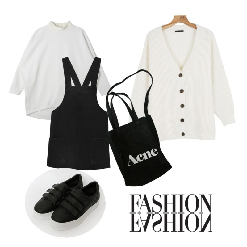 DORA 치즈데님멜빵SK,DORA 벨로폴라T,daily monday Soft wool angora cardigan등을 매치한 코디