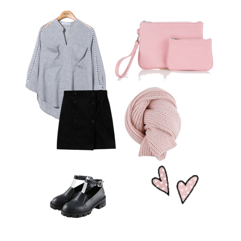 daily monday Mary jane walker,Reine Terry Punching V-neck Blouse,MIXXMIX HASCorduroy skirt등을 매치한 코디