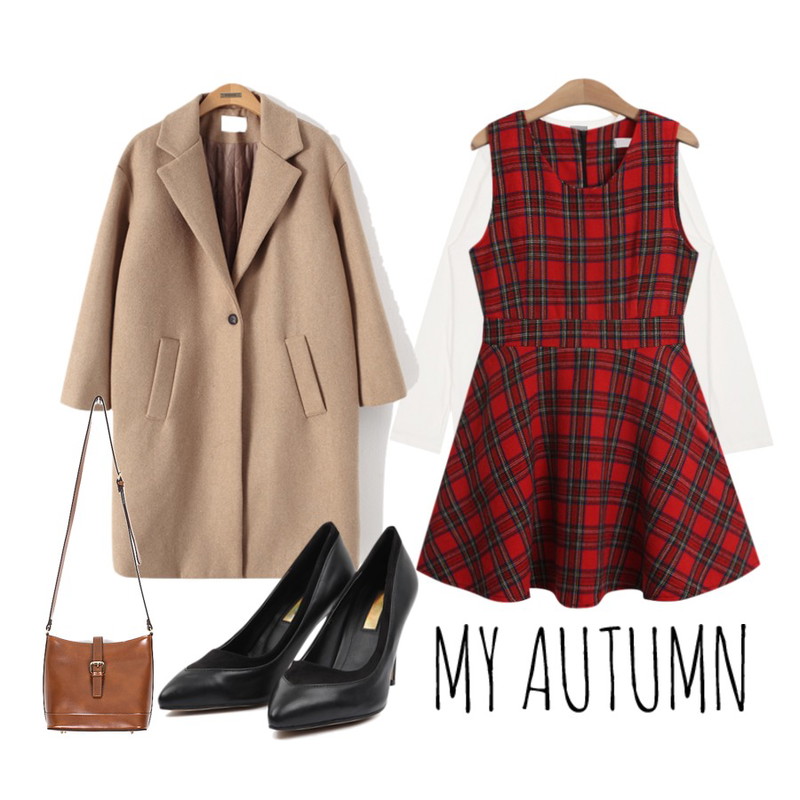 AIN colin basic muji T (3 colors),TODAY ME [dress]스키타 체크 원피스,Reine 코어스 심플 누빔 코트등을 매치한 코디