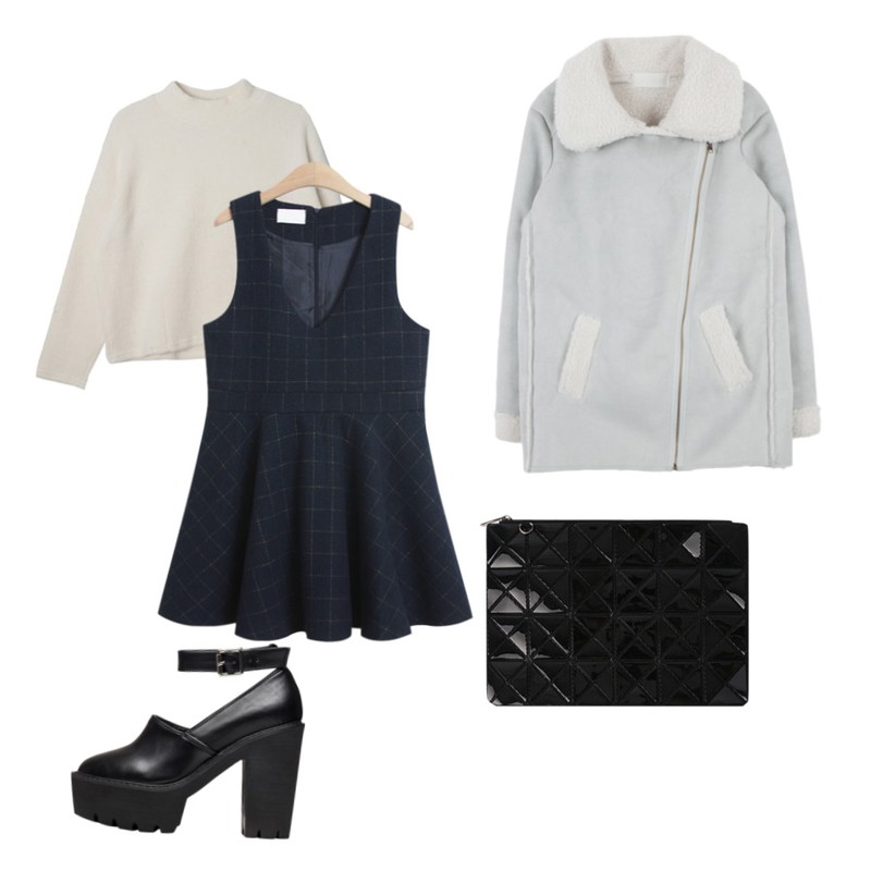 TODAY ME [dress]슬로밍 체크 원피스,MIXXMIX Save me,DORA 크롭반폴라니트등을 매치한 코디