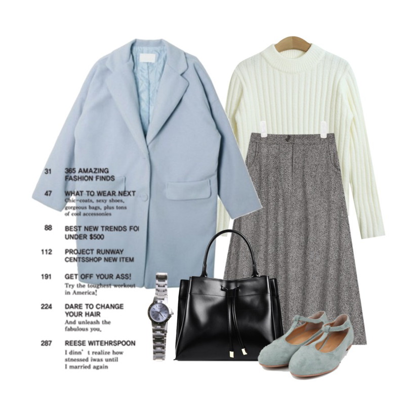 TODAY ME [knit]포인 골지 니트,AIN herringbone flare long skirt (3 colors),DORA 세인트코트등을 매치한 코디