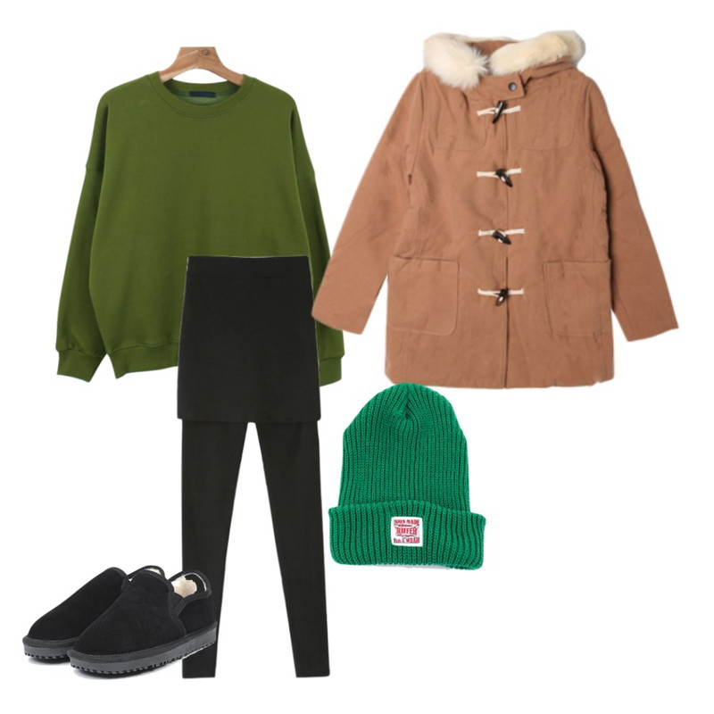 Rough & Detail warm napping skirt, leggings,daily monday Roose raglan man to man,AIN short ugg boots (3 colors)등을 매치한 코디