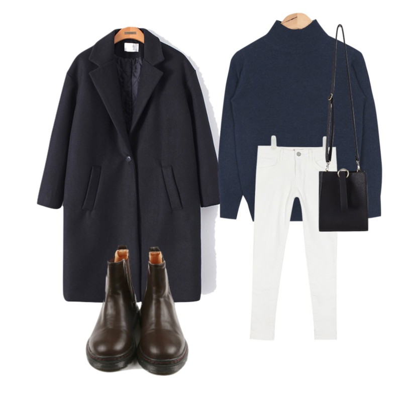 Reine 코어스 심플 누빔 코트,AIN basic cotton winter skinny (4 colors),AIN basic angora half-neck knit (5 colors)등을 매치한 코디