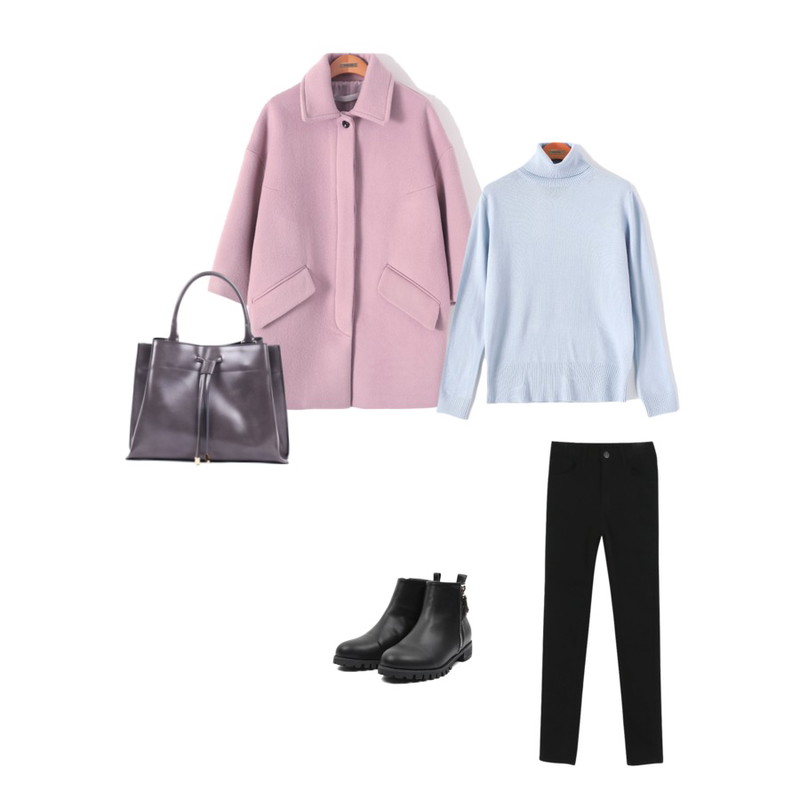 Reine 글리터 울 코트,daily monday Soft basic slim skinny,Reine 캐시미어 컬러풀 터틀넥등을 매치한 코디