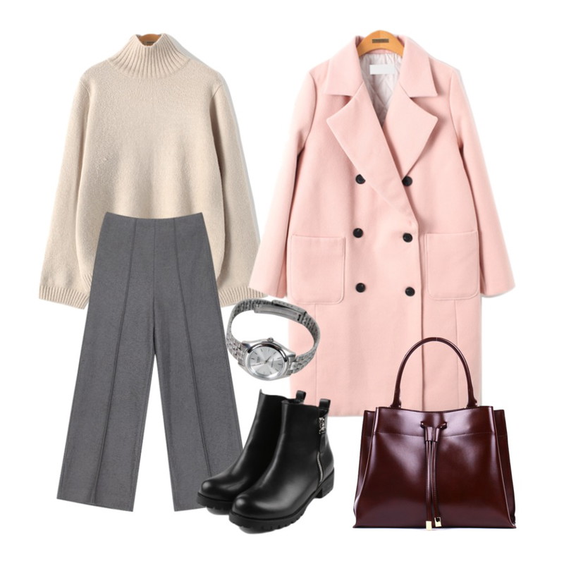 Reine 시티즌 더블 코트,Reine 와이드 볼륨 터틀넥 니트,AIN " FRESH A " pintuck wide slacks - gray등을 매치한 코디