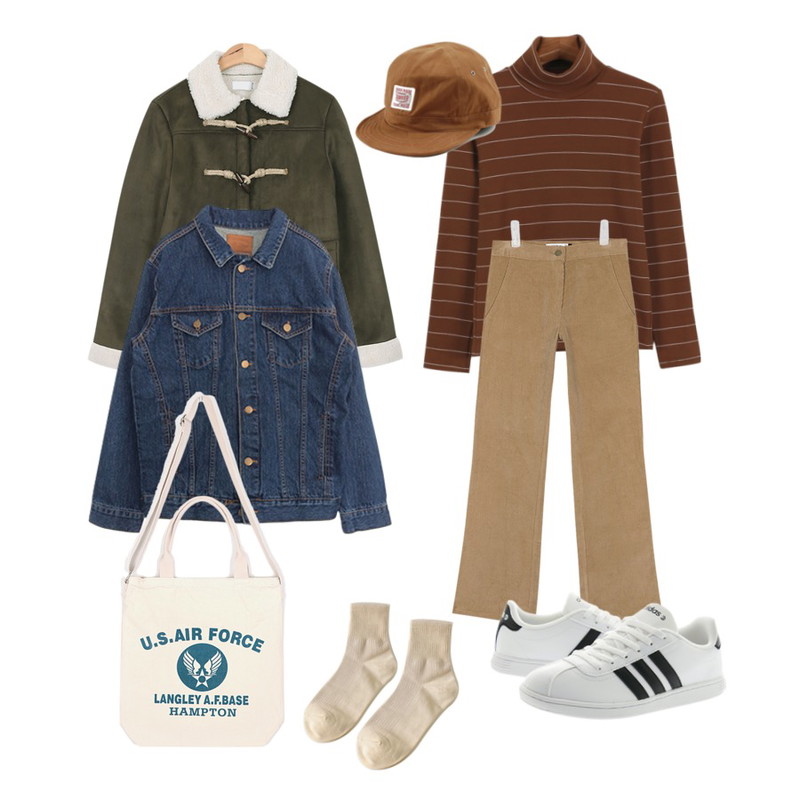 AIN corduroy semi boot-cut pants (3 colors),daily monday Daily stripe pola tee,AIN minimal duffle detail mustang (2 colors)등을 매치한 코디