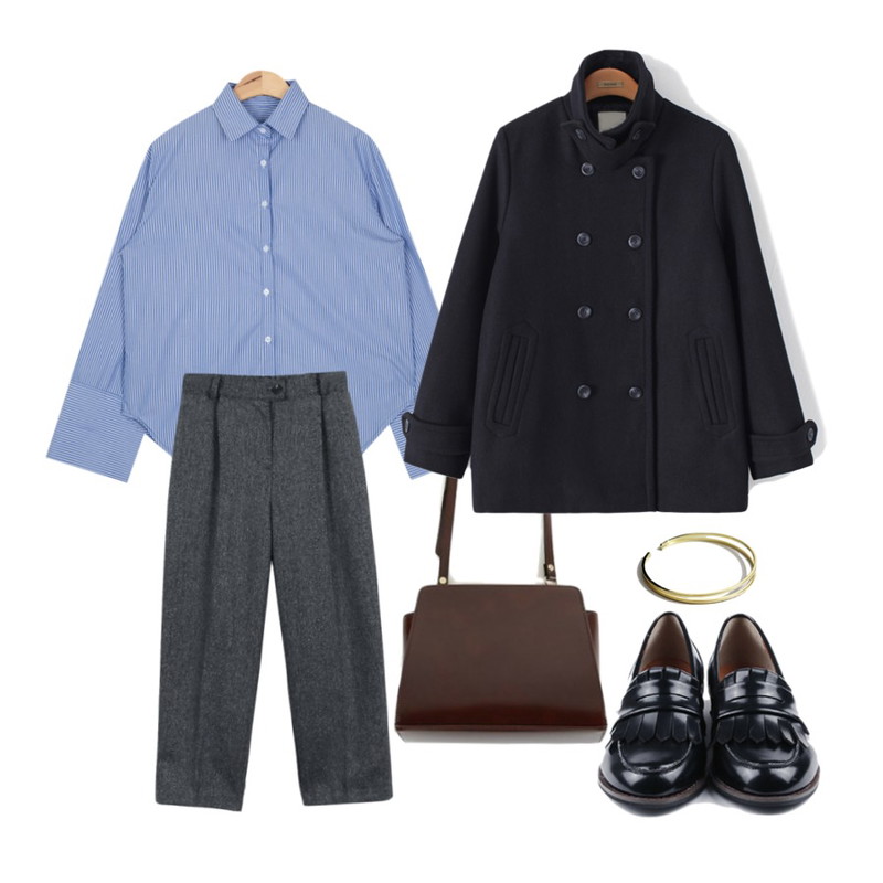 daily monday Sweat tassel loafer,Zemma World 파울러너 (bag),AIN wide sleeve stripe shirt (2 colors)등을 매치한 코디