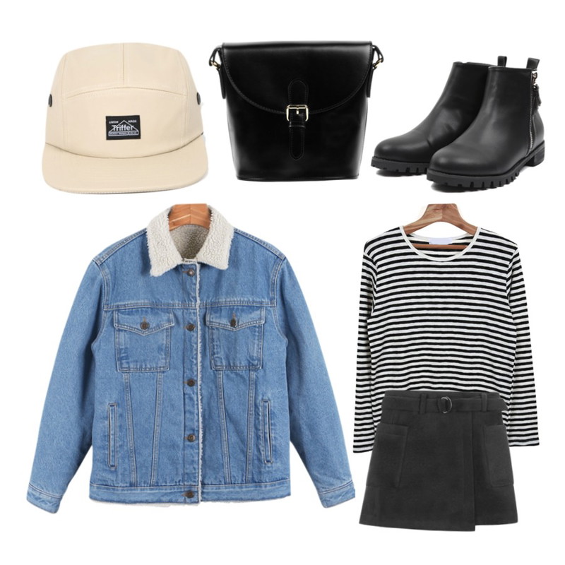 daily monday Winter denim jacket,AIN leather label camp cap (4 colors),biznshoe Bucket cross bag (5color)등을 매치한 코디