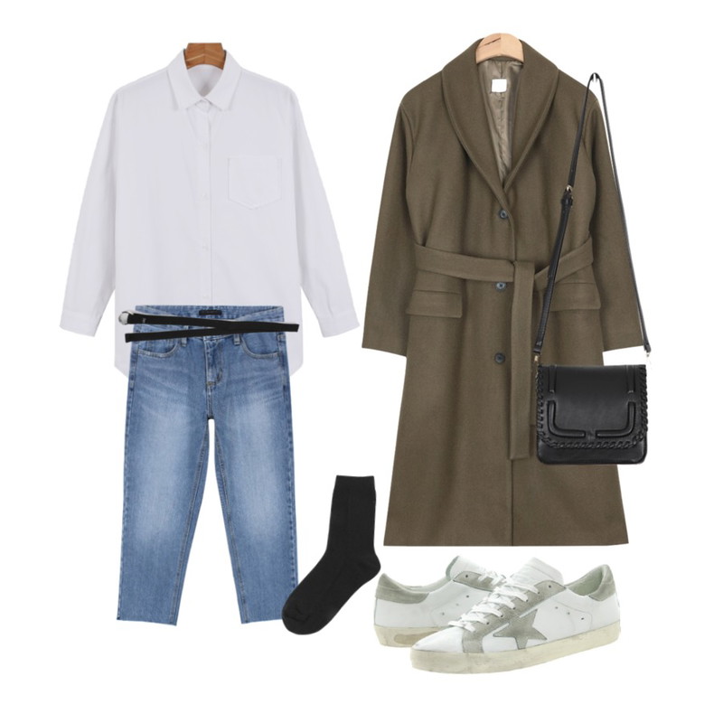 daily monday Daily down color basic shirts,AIN shawl collar robe coat (3 colors),biznshoe Cutting washing denim pants등을 매치한 코디
