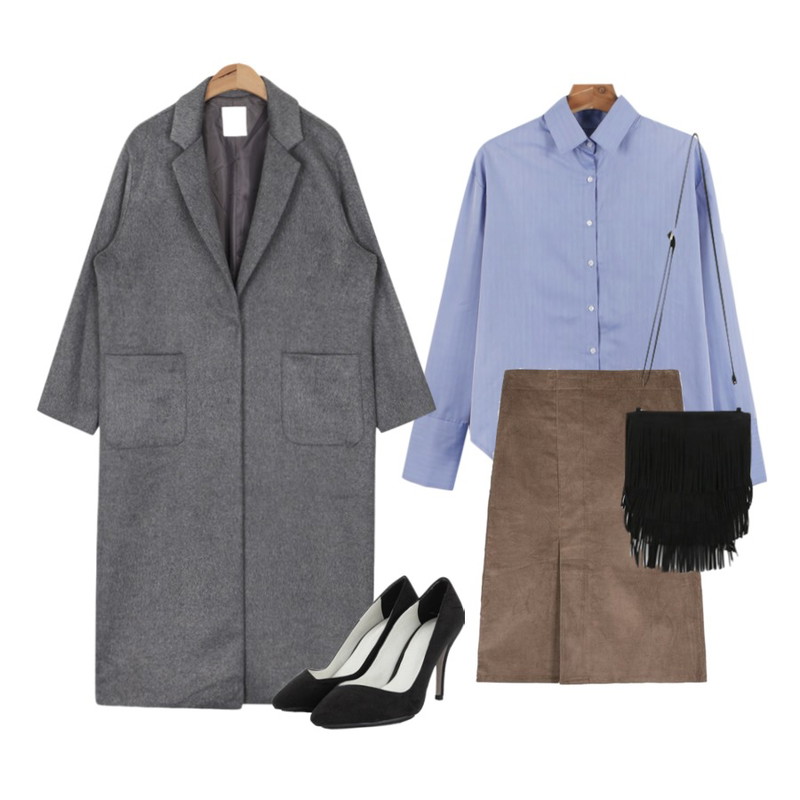daily monday Long modern shirts,MIXXMIX 아비드 골덴 스커트,AIN long straight clean coat (3 colors) 등을 매치한 코디