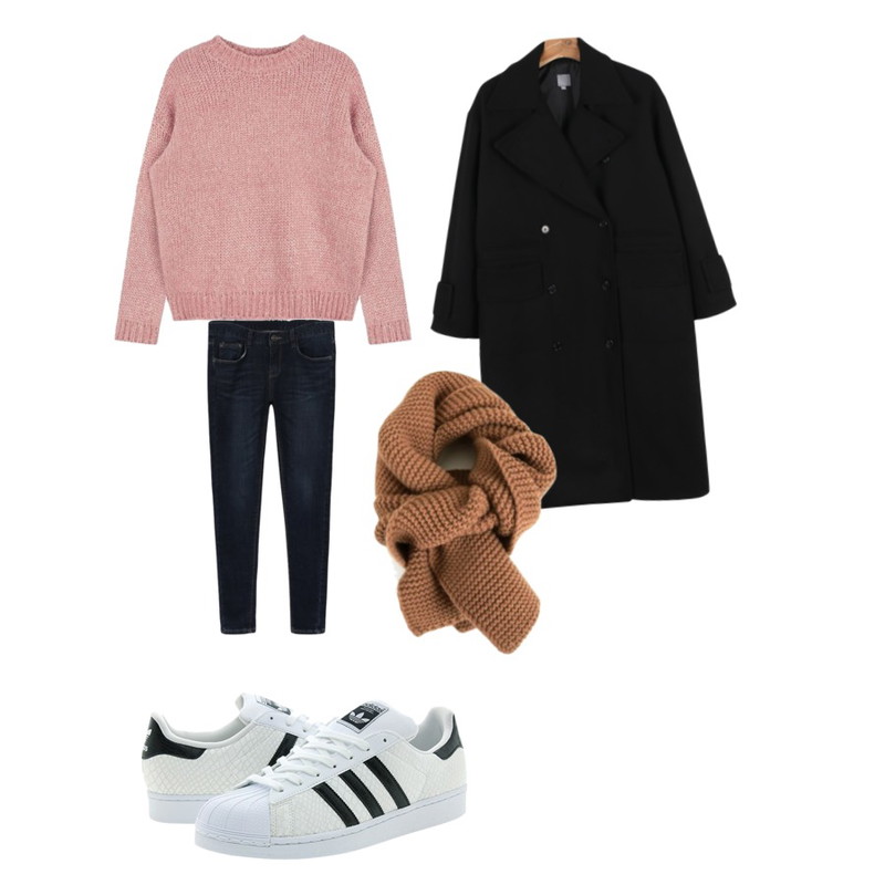 daily monday Basic washing denim skinny,MIXXMIX 타먼 컬러 니트,daily monday Mood long coat등을 매치한 코디