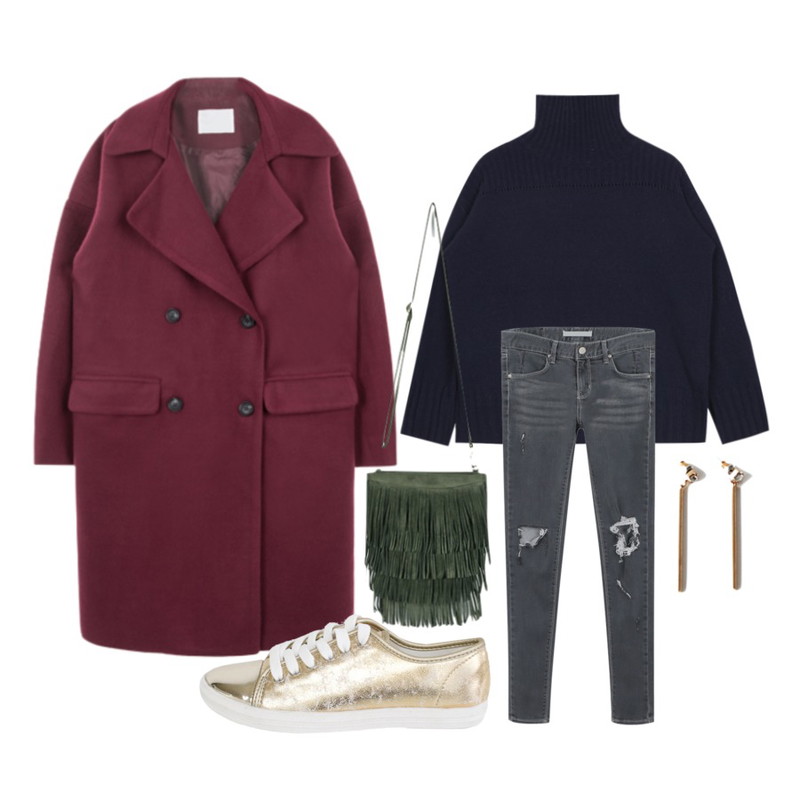 daily monday Grey slim damage skinny,AIN punching detail turtle-neck knit (3 colors),MIXXMIX Castles In The Sky  (누빔원단)등을 매치한 코디