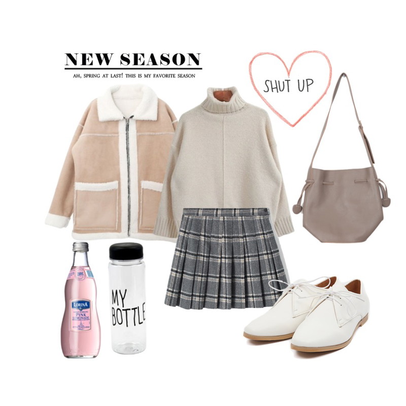 Reine 브론 체크 플리츠 스커트 ,DORA 아키무스탕,Zemma World 결정장애 (knit)등을 매치한 코디