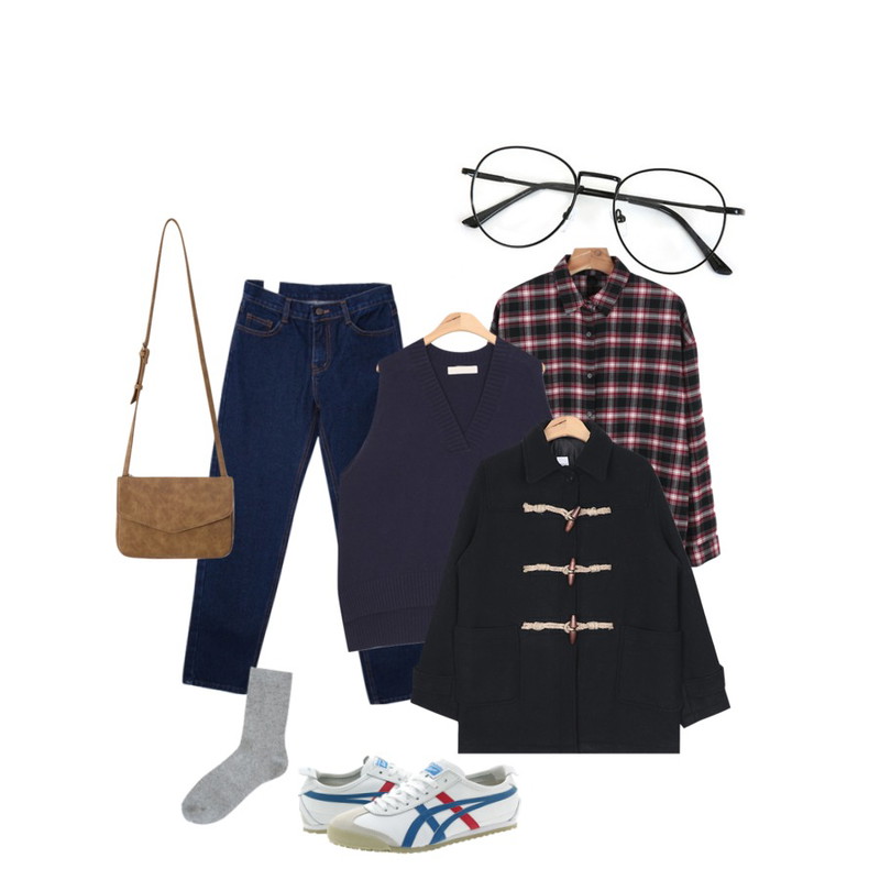 Zemma World 프레임 (안경),DORA 기모배기P,daily monday Hound check shirt등을 매치한 코디