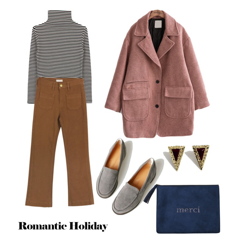 common unique  CLOUD POCKET COAT,biznshoe Stripe turtleneck top (2color),daily monday Pocket boots-cut pants등을 매치한 코디