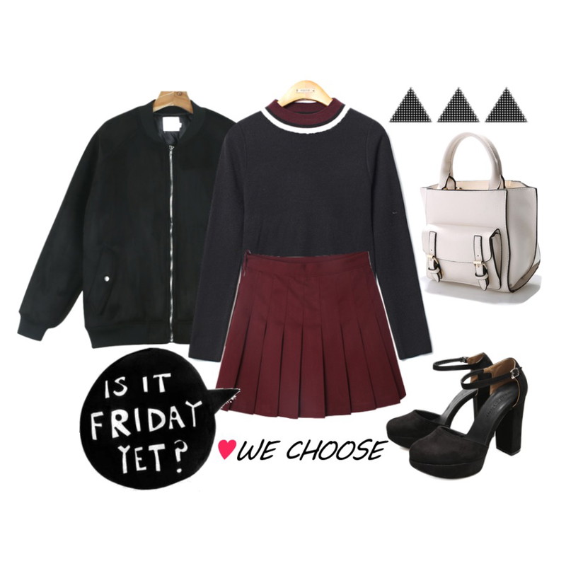 Reine Juan Color Mix Knit,DORA 어텀테니스SK,daily monday Suede boxy blouson등을 매치한 코디