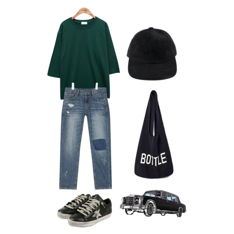 daily monday Golden vintage sneakers,common unique [TOP] CUT-OFF VINTAGE T,AIN vintage patch washing denim pants등을 매치한 코디
