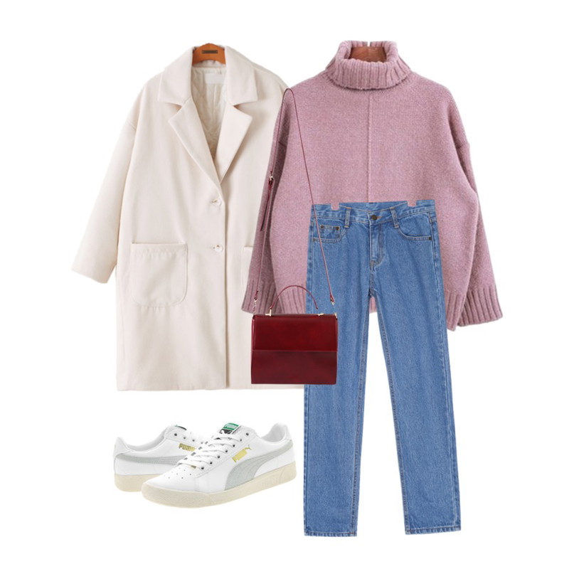 Zemma World 결정장애 (knit),Reine 리베드 오버핏 누빔 코트,AIN slim baggy denim pants (4 colors)등을 매치한 코디