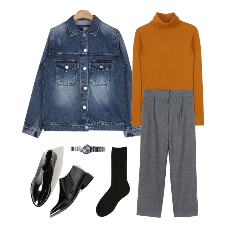 daily monday Banding woolen slacks,MIXXMIX 폴라 컬러레이션 티셔츠,AIN washing pocket denim jacket (2 colors)등을 매치한 코디