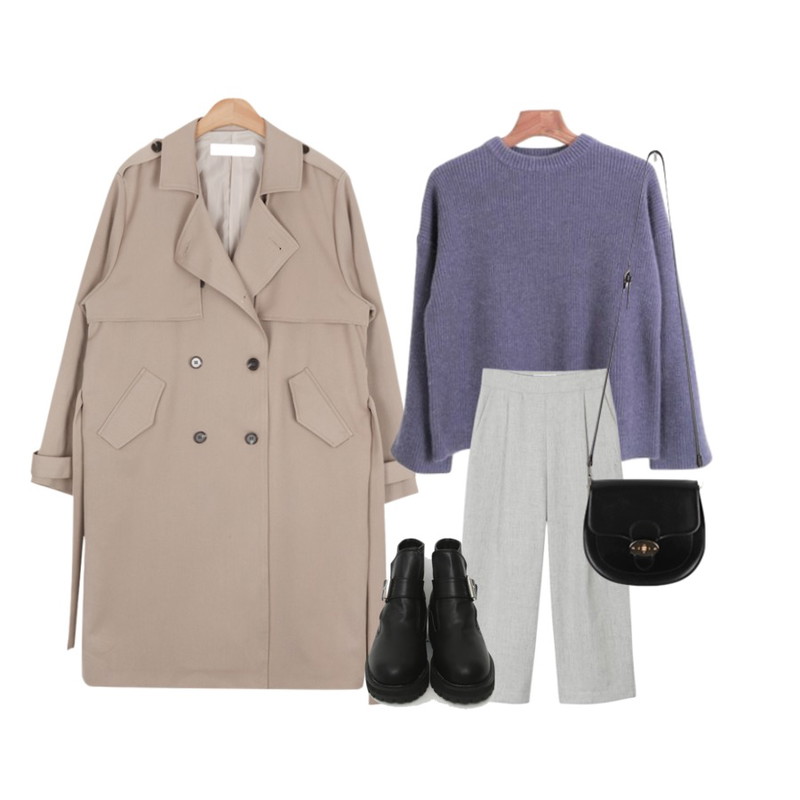 daily monday Pintuck line wool slacks,Zemma World 달달앙고라 (knit),AIN spring trench coat (3 colors)등을 매치한 코디