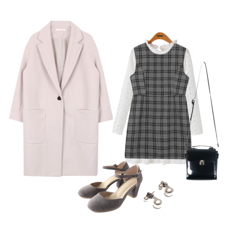 biznshoe Pocket long coat (4color),MIXXMIX ONLY MIX 바르트 체크 원피스,Reine 세인츠 프릴넥 레이스 원피스 등을 매치한 코디