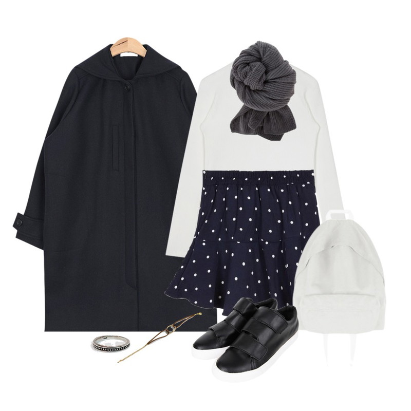 AIN classic sailer collar coat,MIXXMIX 애리얼 도트 스커트,AIN " FRESH A " slim golgi T (6 colors)등을 매치한 코디