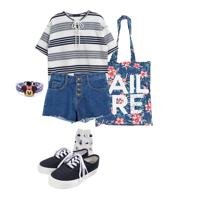 TODAY ME 플라워 백,common unique [BOTTOM] CUT 4-BUTTON SHORTS,TODAY ME [tee]끈 단가라 티등을 매치한 코디