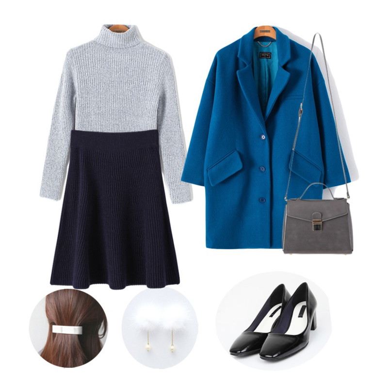 Reine 리쉬 플루 이어링,Reine 머치 슬림 터틀넥 롱 니트,AIN round stiletto heel (3 colors)등을 매치한 코디