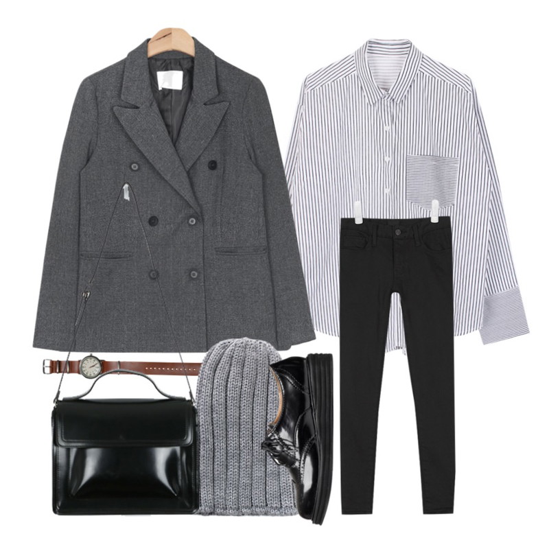 DORA 캔더브라운시계,AIN manish check double jacket (2 colors),biznshoe Long cuffs stripe shirt등을 매치한 코디