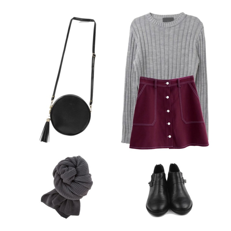 common unique  STITCH BUTTON SKIRT,daily monday Leather belt ankle boots,DORA 솔리드골지니트등을 매치한 코디