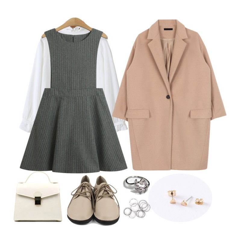 biznshoe Basic 9set ring ,Reine 에쉬 프릴 쉬폰 블라우스,biznshoe Classic square tote&cross bag (10color)등을 매치한 코디