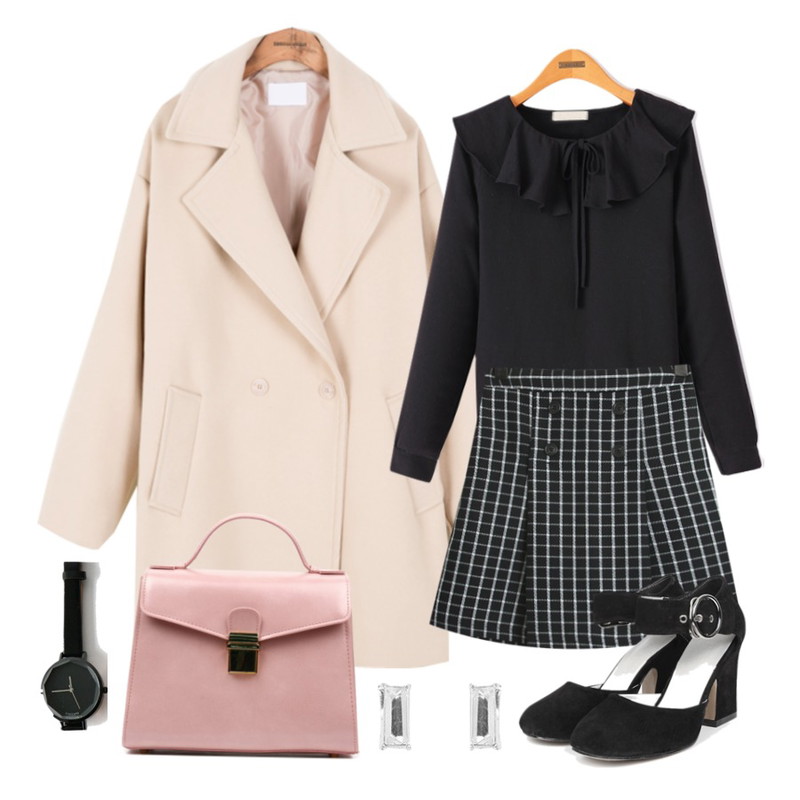 common unique [OUTER] FLUFFY ONE DOUBLE COAT,Reine 엔시 러플 카라 블라우스,TODAY ME [skirt]포니카 체크 스커트등을 매치한 코디