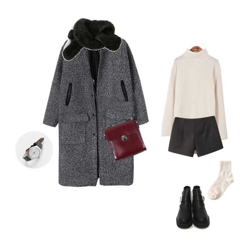 Reine 에이드 숏 팬츠,daily monday Blouson snap coat,common unique [TOP] FLARE SLEEVE KNIT등을 매치한 코디