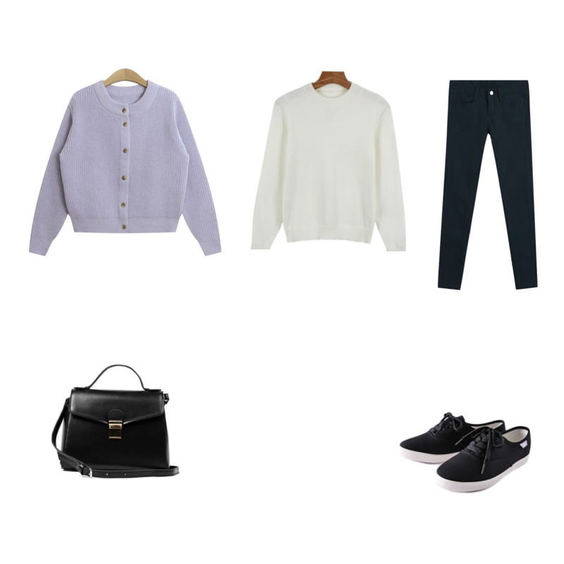 TODAY ME [skinny]톰 컬러 스키니진,daily monday Soft triangle knit,TODAY ME [cardigan]이자벨 가디건등을 매치한 코디