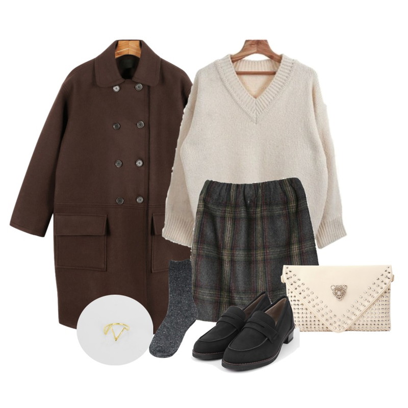 DORA 기획특가 모직체크SK,daily monday Deview loose fit coat,Zemma World 첫느낌 (knit)등을 매치한 코디
