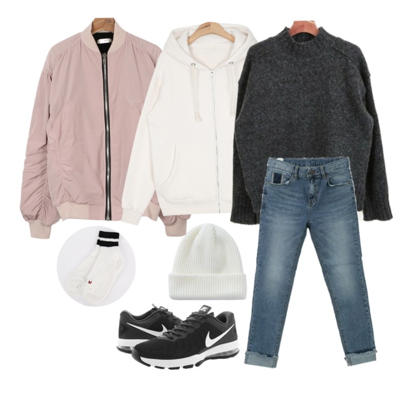 Reine 메이플 롤 업 니트 비니,AIN casual hoody jumper (3 colors),daily monday Shirring detail jumper등을 매치한 코디