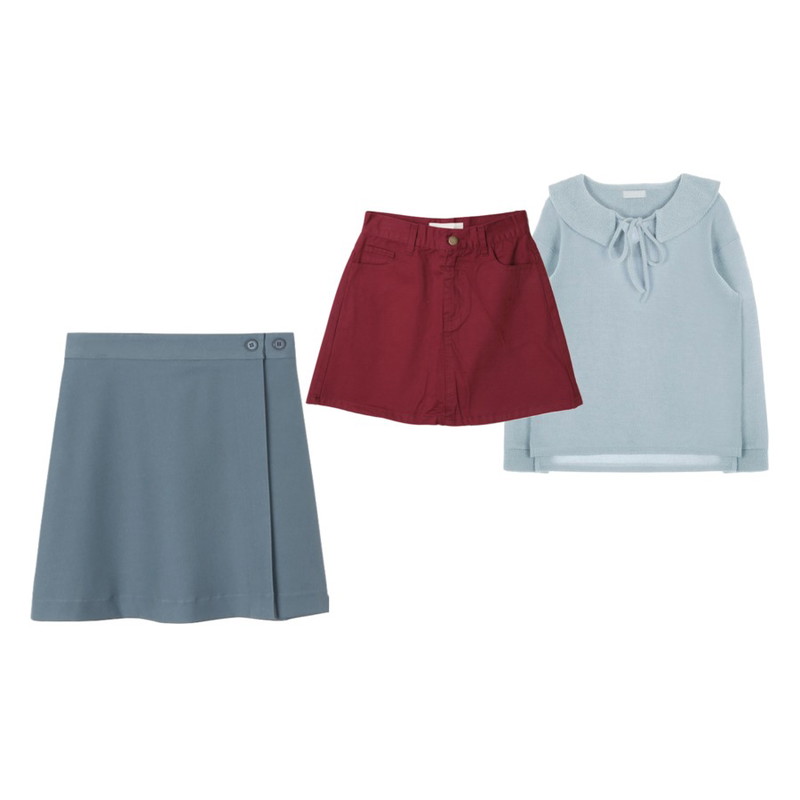DORA 코튼A라인SK,MIXXMIX ONLY MIX 마리에 카라 티셔츠단독할인,daily monday Button lab skirts등을 매치한 코디