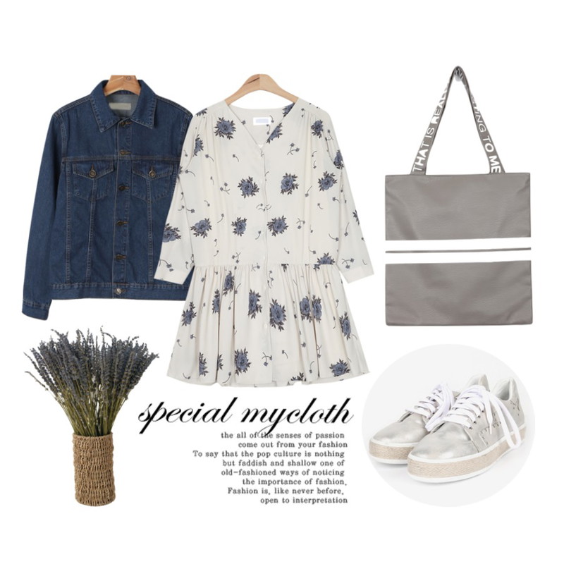 AIN flower chiffon mini ops (2 colors),daily monday Light simple denim jacket,AIN stud platform sneakers (2 colors등을 매치한 코디