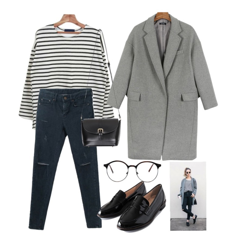 Street fashion,Zemma World 윈터세인트 (stripe t),DORA 허니컷팅스키니P등을 매치한 코디