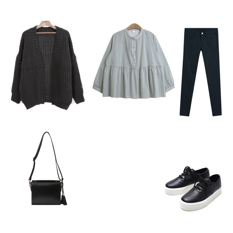 TODAY ME [skinny]톰 컬러 스키니진,Reine 놈코어 블랙 스니커즈,TODAY ME [blouses]콜 스트라이프 블라우스등을 매치한 코디
