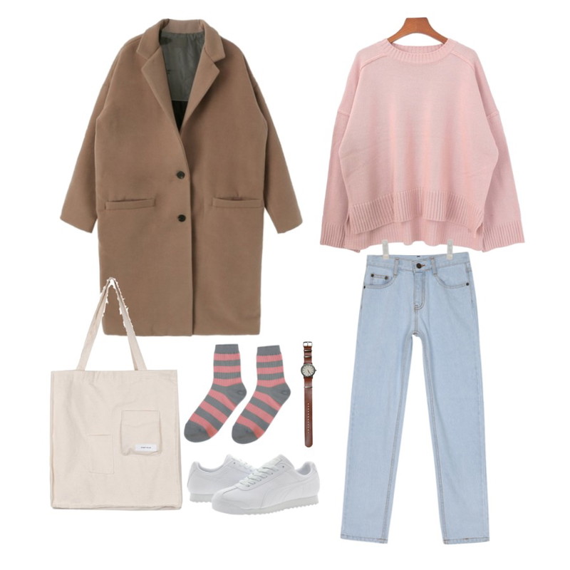 DORA 어반롱코트,AIN slim baggy denim pants (4 colors),DORA 포어니트등을 매치한 코디