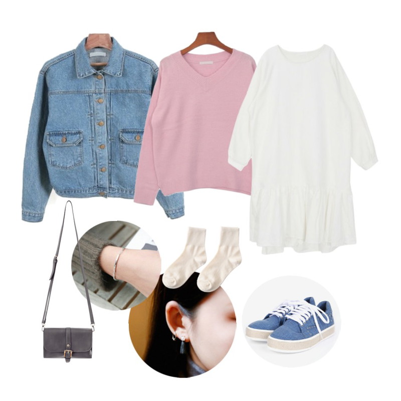 daily monday Earcuff earring set,daily monday Silver wave bar bracelet(silver 925),Zemma World 빈츠-데님 (jk)등을 매치한 코디