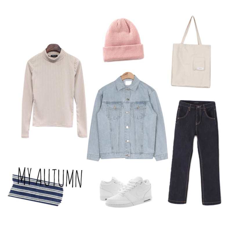 Reine 메이플 롤 업 니트 비니,AIN basic light blue denim jacket,BANHALA [1+1할인]_쫀쫀라인 티셔츠등을 매치한 코디