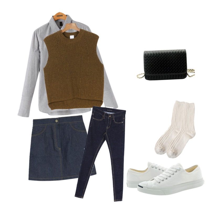 daily monday Warm color knit vest[니트,니트베스트,베스트,기본니트,베스트,니트조끼],Reine 엔프라 심플 스트라이프 셔츠,MIXXMIX 에단 데님 스커트등을 매치한 코디