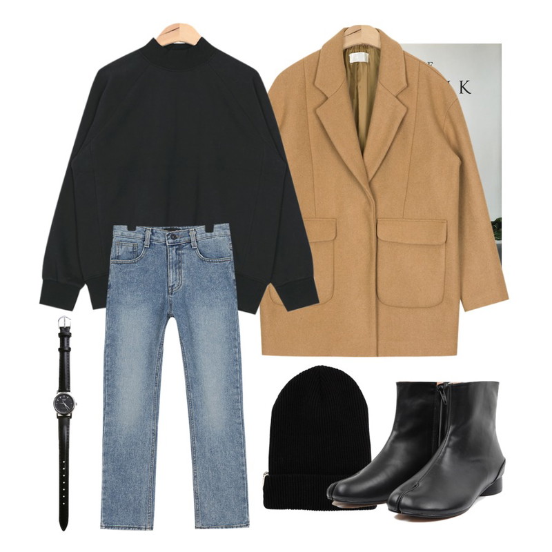 biznshoe Patch point beanie,kinfolk table,AIN drop shoulder line half coat (2 colors)등을 매치한 코디