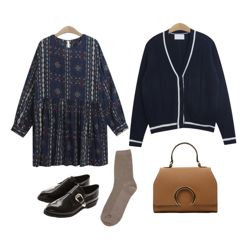common unique [SHOES] GLOSSY BELTED LOAFER,TODAY ME [cardigan]펄스 가디건,TODAY ME [dress]루시 원피스등을 매치한 코디